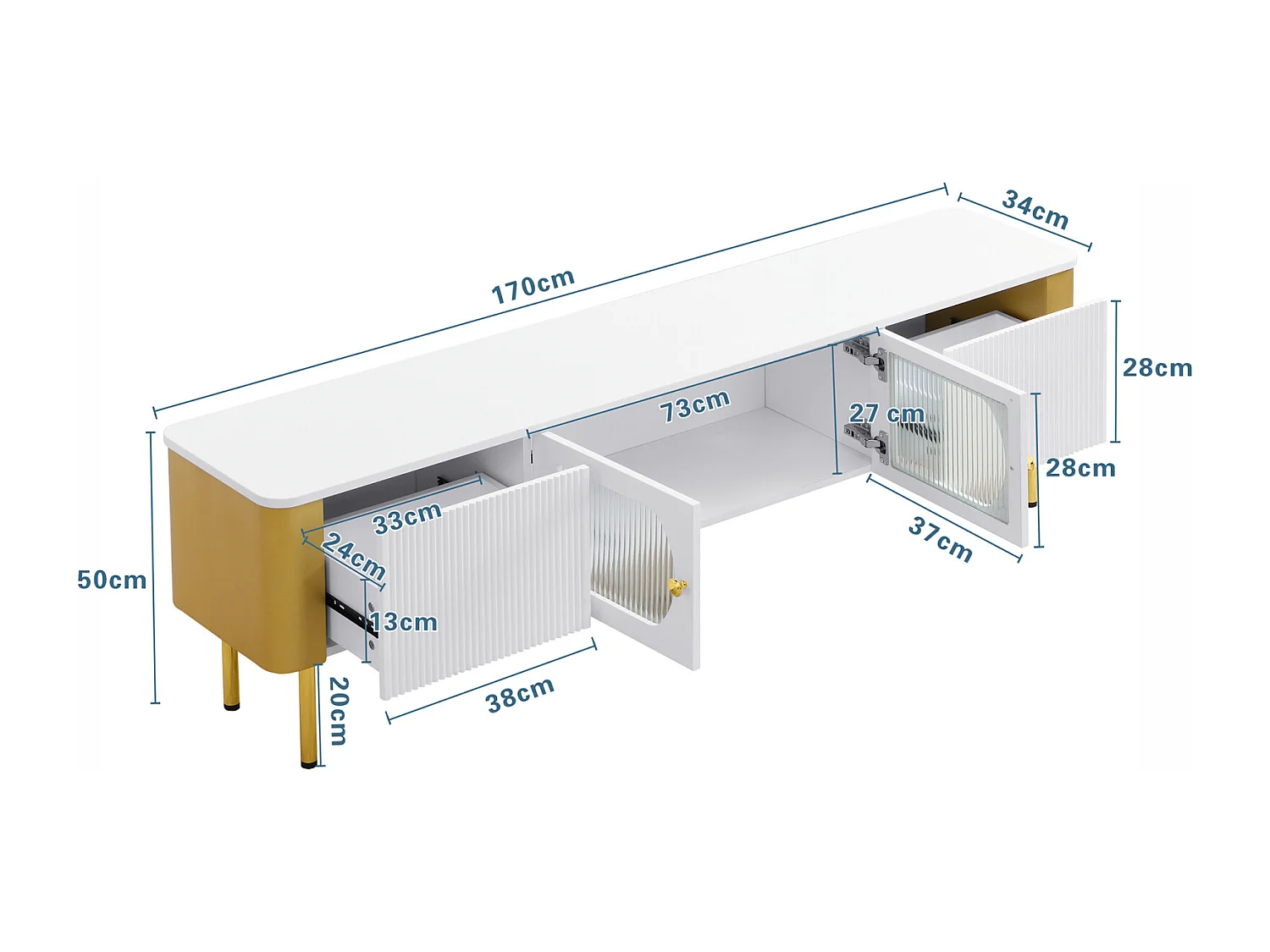 TV-meubel, gouden handgrepen en poten, boogvorm, lage TV-kast - wit