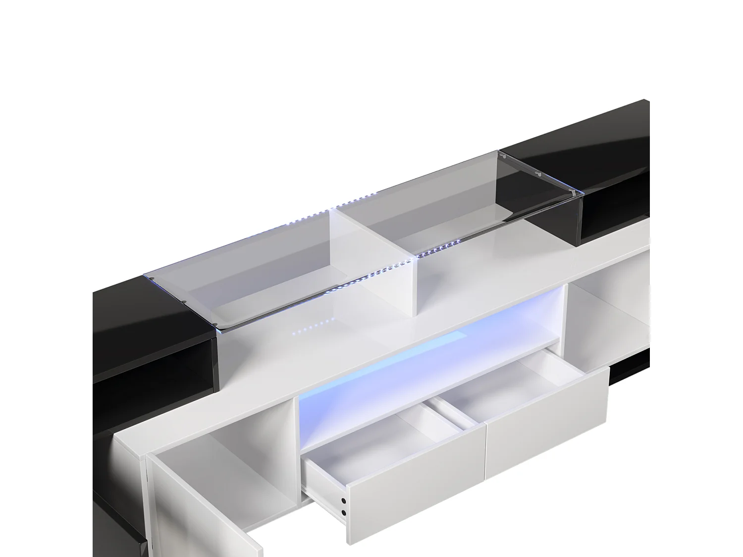 TV-meubel - 200x38x48cm - Glanzend wit en zwart - 4 deuren, 2 lades, 3 compartimenten