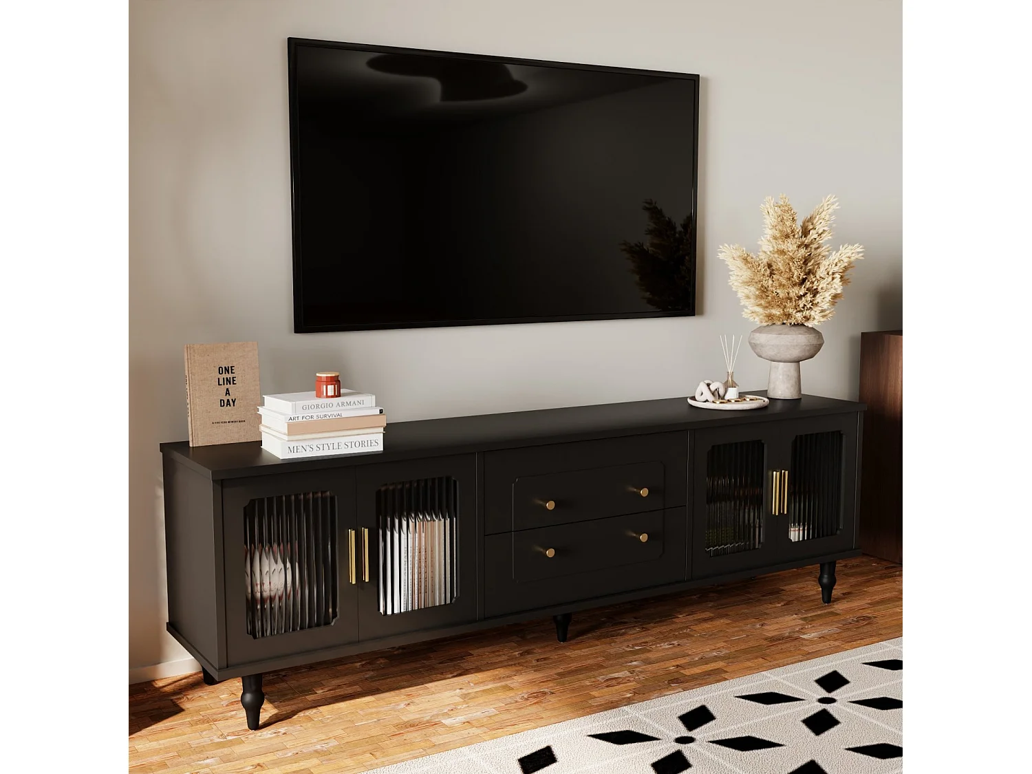 Mueble de TV de 175 cm, con 4 puertas de ratán, 2 cajones, patas de metal, tirador de metal, estilo escandinavo, mueble de salón - Negro