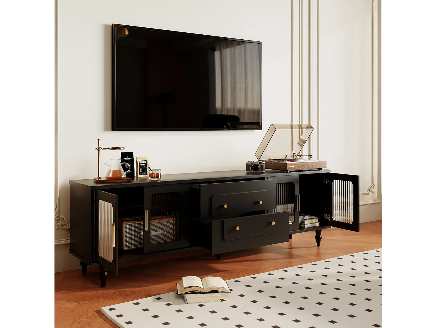 Mobile TV da 175 cm, con 4 ante in rattan, 2 cassetti, gambe in metallo, maniglia in metallo, stile scandinavo, mobile per soggiorno - Nero