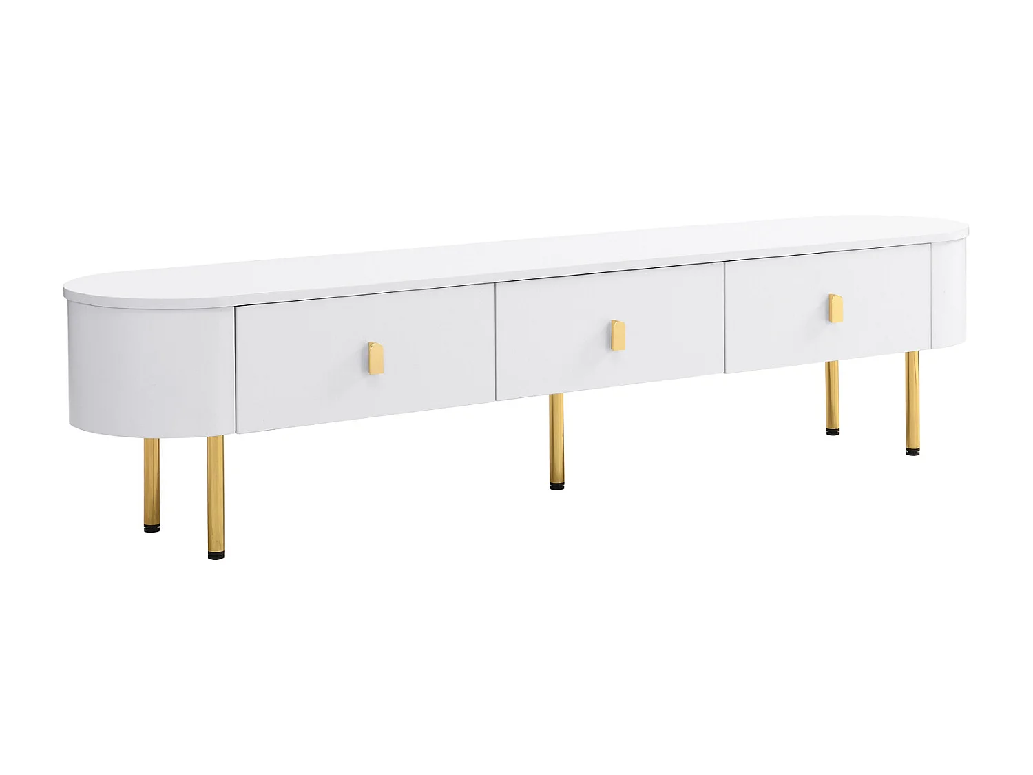 Mobile TV 174x35x41cm - Mobile basso con 3 cassetti, maniglie e gambe dorate, angoli curvi - in MDF bianco
