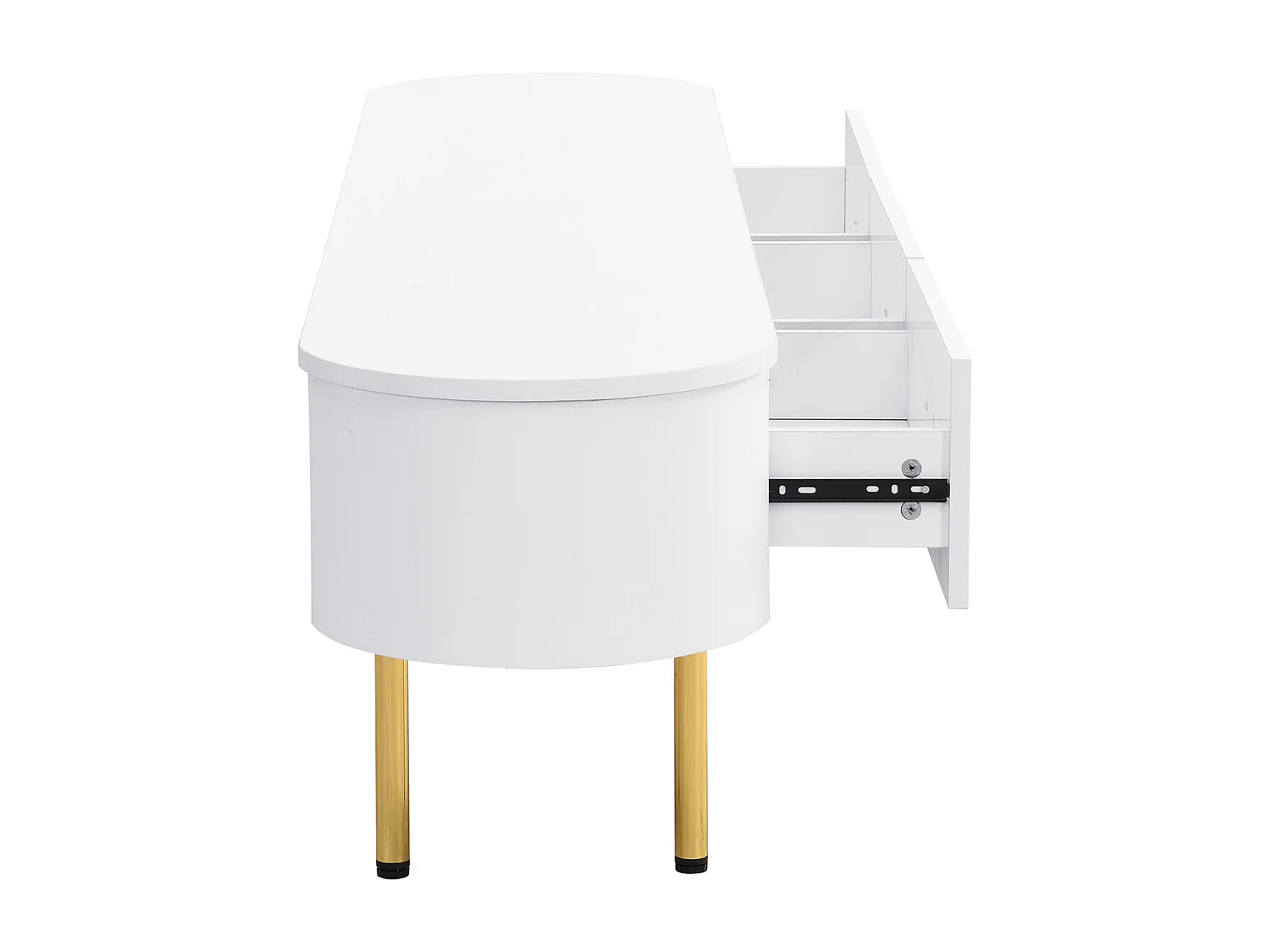 Mobile TV 174x35x41cm - Mobile basso con 3 cassetti, maniglie e gambe dorate, angoli curvi - in MDF bianco