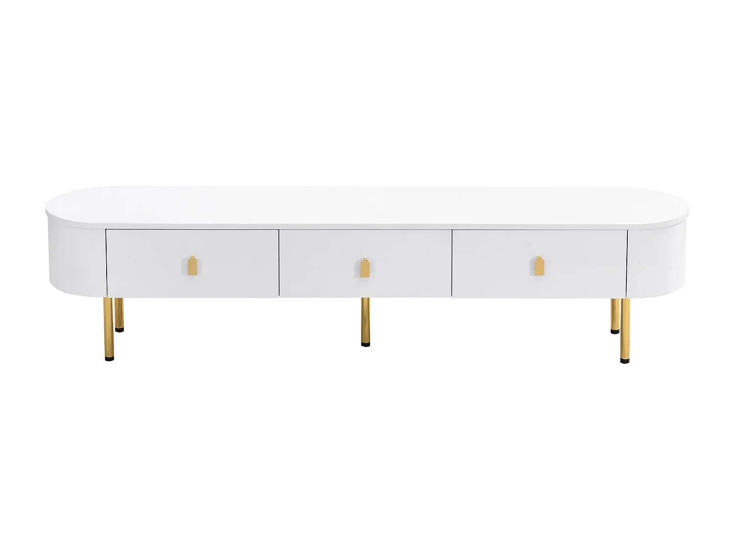 Móvel TV 174x35x41cm - Móvel baixo com 3 gavetas, puxadores e pés dourados, cantos curvos - em MDF Branco