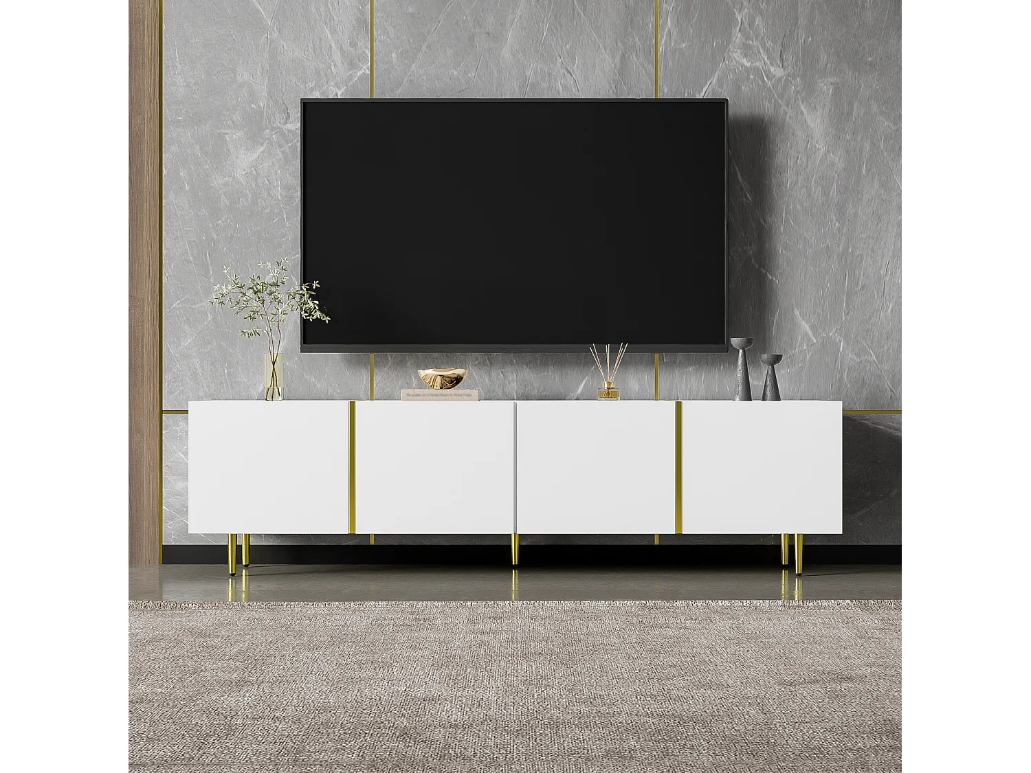 Mobile TV 170x35x46cm - Mobile lucido con 4 ante - moderno e semplice - MDF bianco
