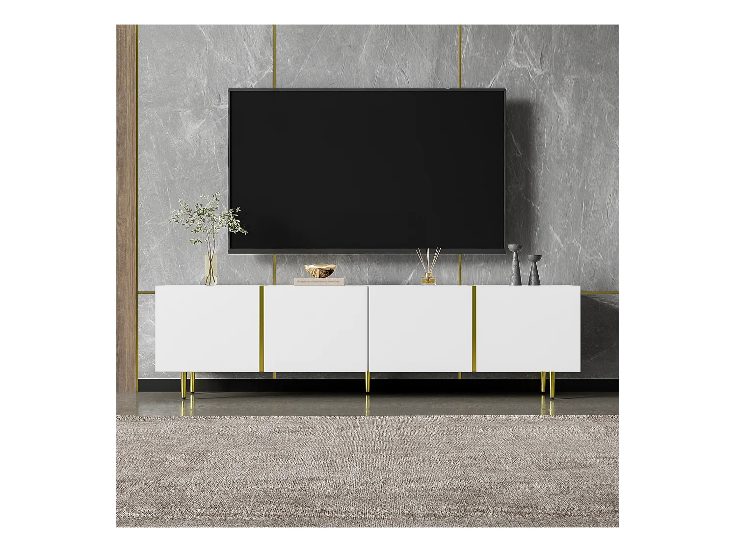 TV-meubel 170x35x46cm - Glanzende kast met 4 deuren - modern en eenvoudig - Wit MDF