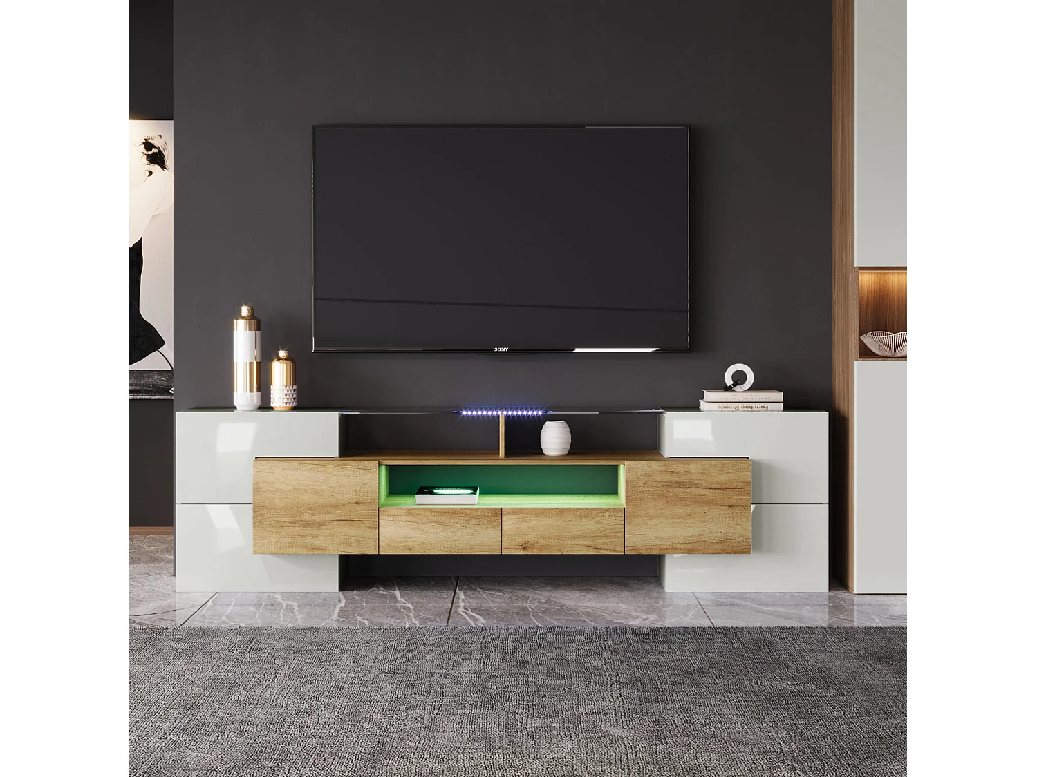 Elegante mueble de TV bajo. Blanco brillante, 200 cm, iluminación LED, mueble de salón. Diseño moderno. Elegante superficie de cristal.
