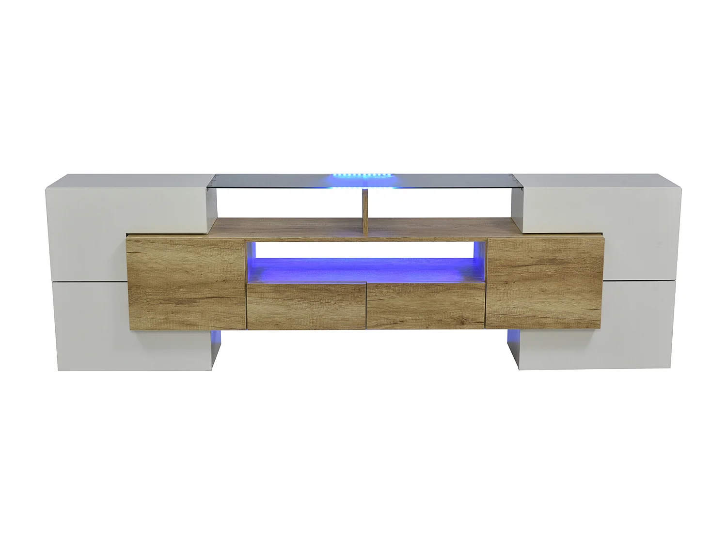 Elegante mueble de TV bajo. Blanco brillante, 200 cm, iluminación LED, mueble de salón. Diseño moderno. Elegante superficie de cristal.