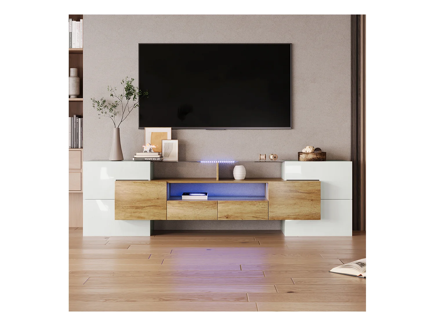 Meuble TV élégant, lowboard. Blanc brillant, 200 cm, éclairage LED, meuble de salon. Design moderne. Élégante surface en verre.