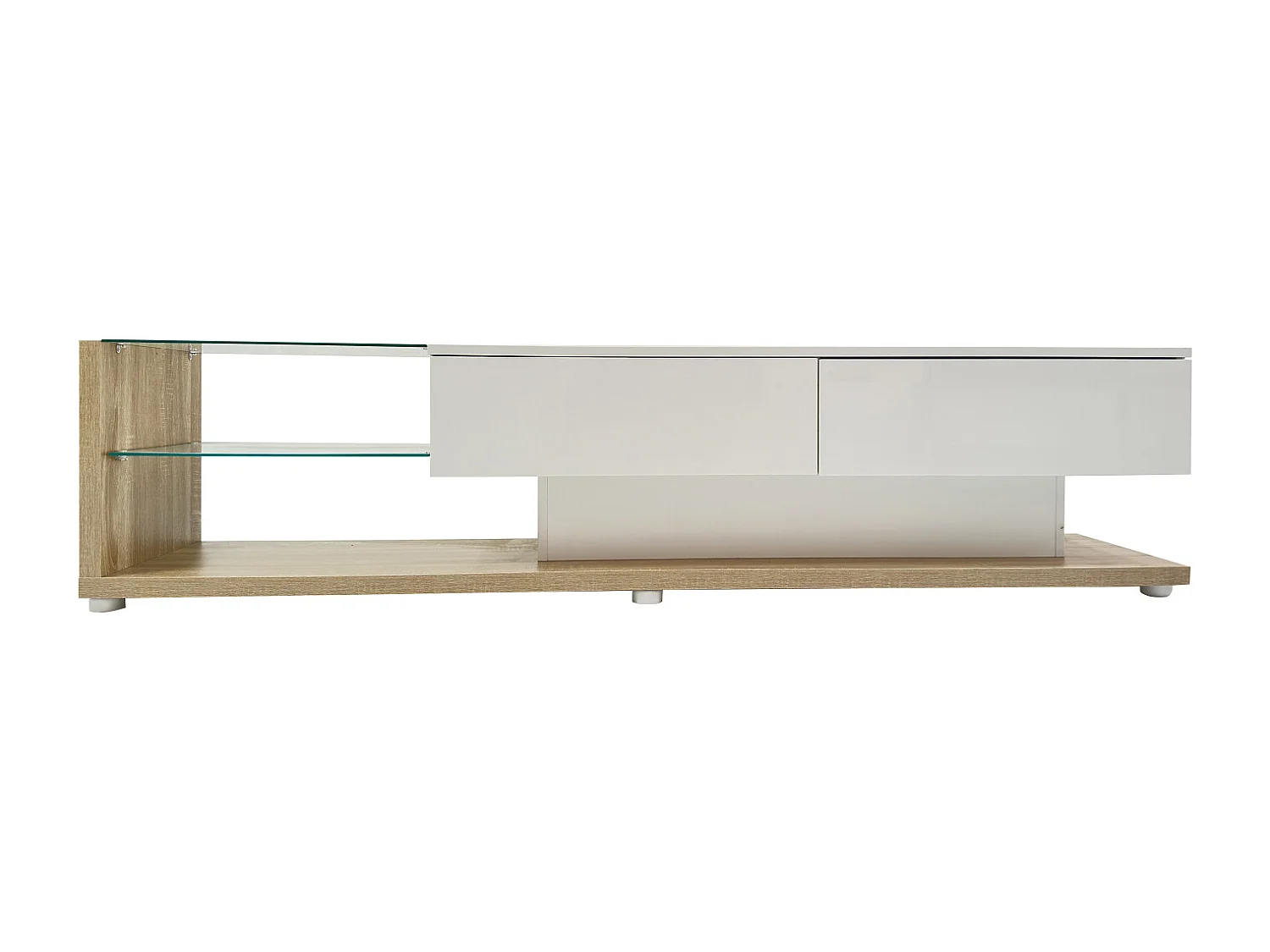 Meuble TV en bois et blanc 170 cm, avec 1 grand tiroir de rangement et cloison vitrée, éclairage LED, meuble TV design moderne, blanc