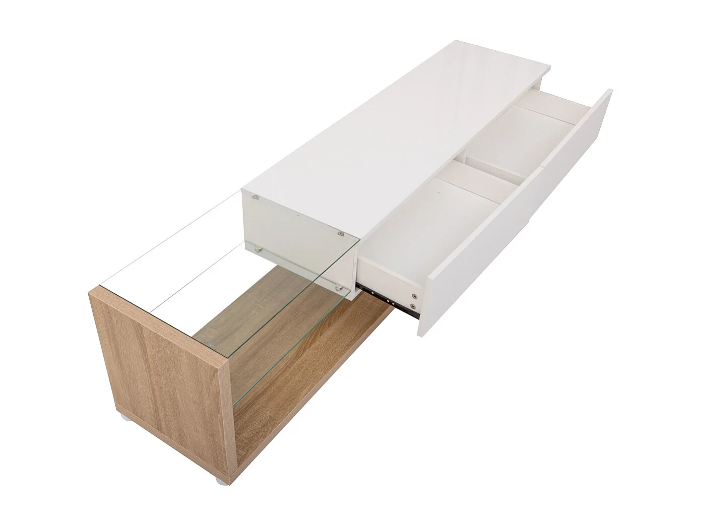 Meuble TV en bois et blanc 170 cm, avec 1 grand tiroir de rangement et cloison vitrée, éclairage LED, meuble TV design moderne, blanc