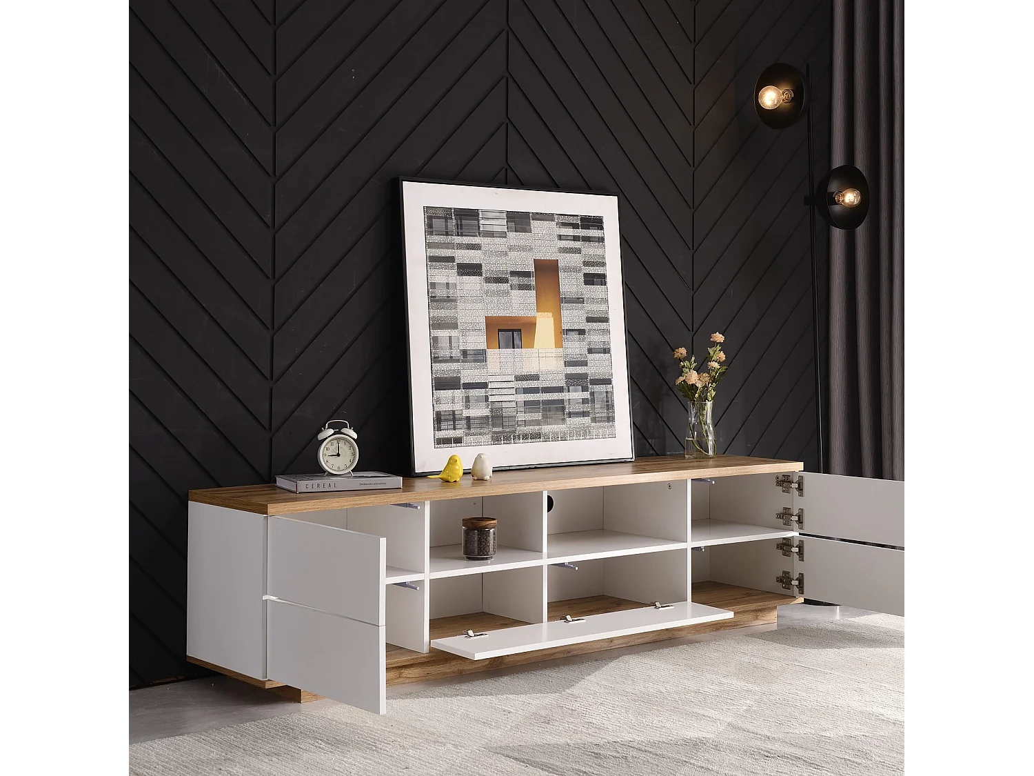 Meuble TV - Contemporain - 5 portes - Étagère - Contreplaqué - Blanc - 180x38x46cm