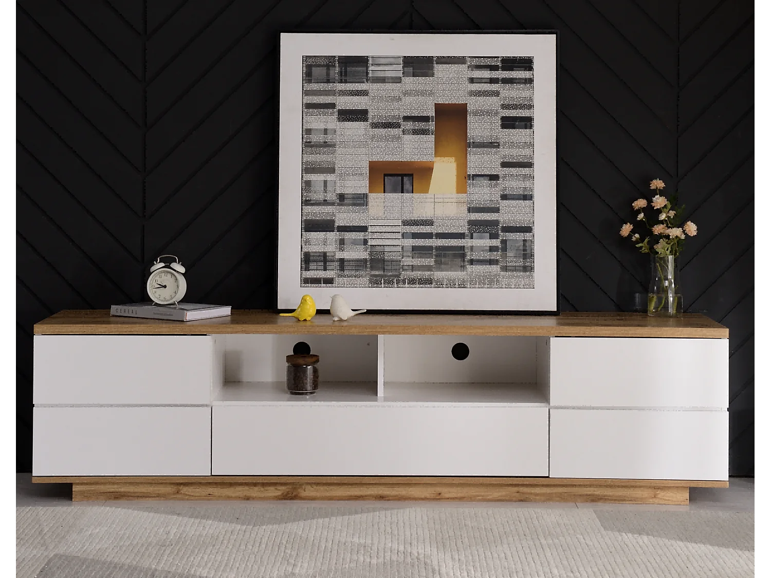 Meuble TV - Contemporain - 5 portes - Étagère - Contreplaqué - Blanc - 180x38x46cm