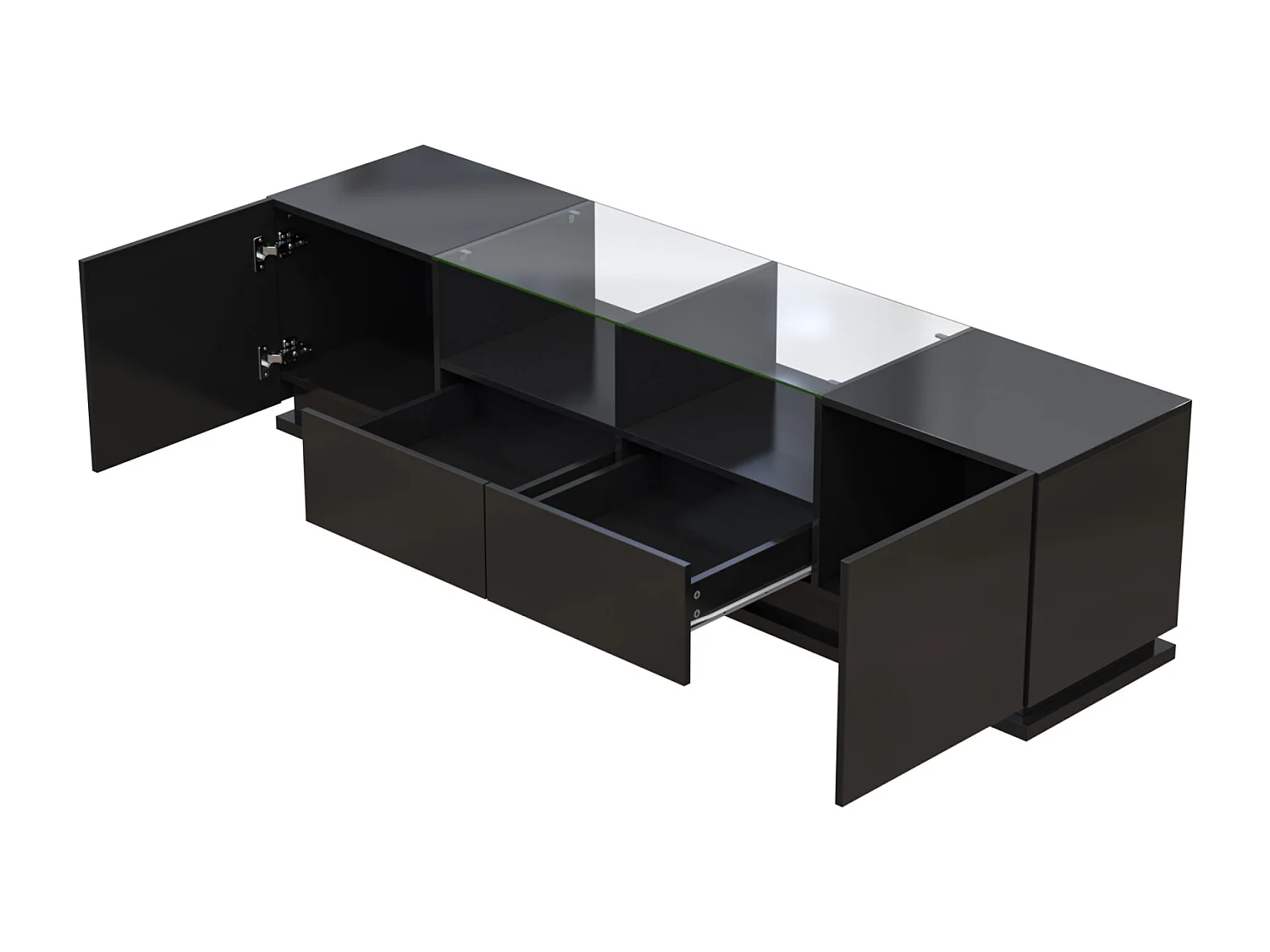 Meuble TV brillant 165x38x43cm, avec étagères en verre, 2 tiroirs et deux portes, LED, noir