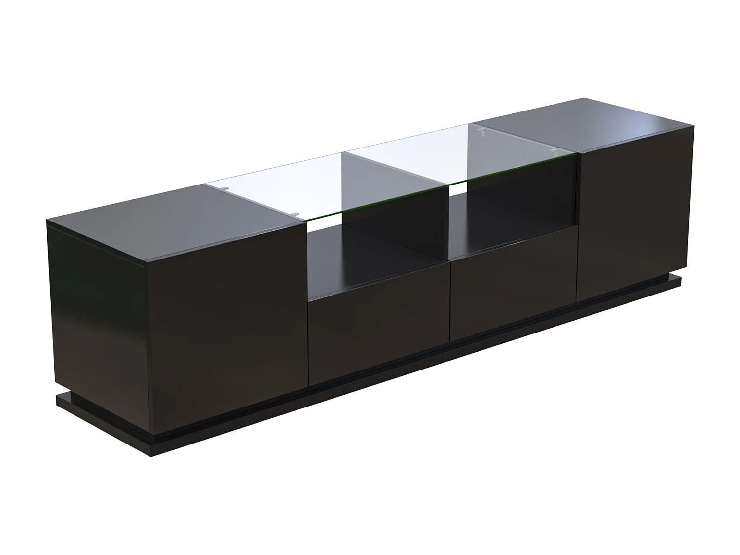 Meuble TV brillant 165x38x43cm, avec étagères en verre, 2 tiroirs et deux portes, LED, noir