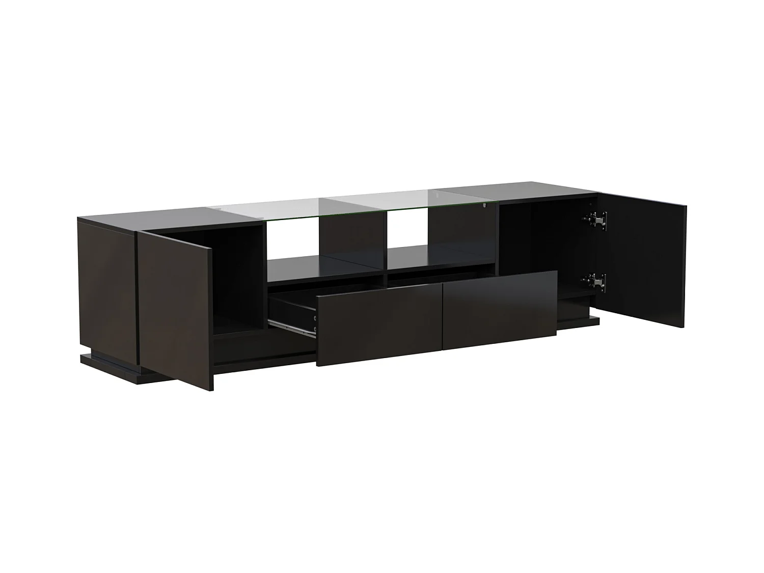 Glanzende tv-kast 165x38x43cm, met glazen planken, 2 lades en twee deuren, LED, zwart