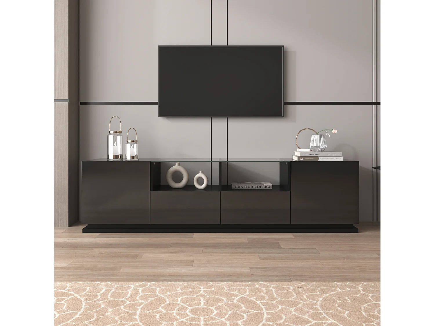 Glanzende tv-kast 165x38x43cm, met glazen planken, 2 lades en twee deuren, LED, zwart