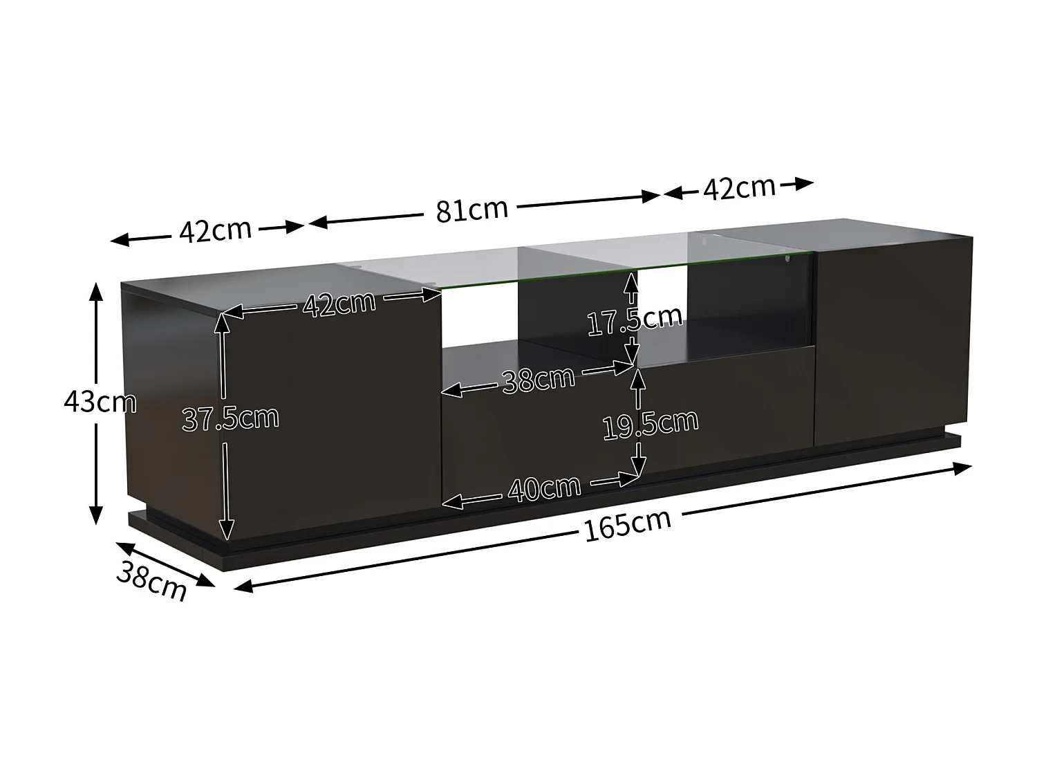 Glanzende tv-kast 165x38x43cm, met glazen planken, 2 lades en twee deuren, LED, zwart