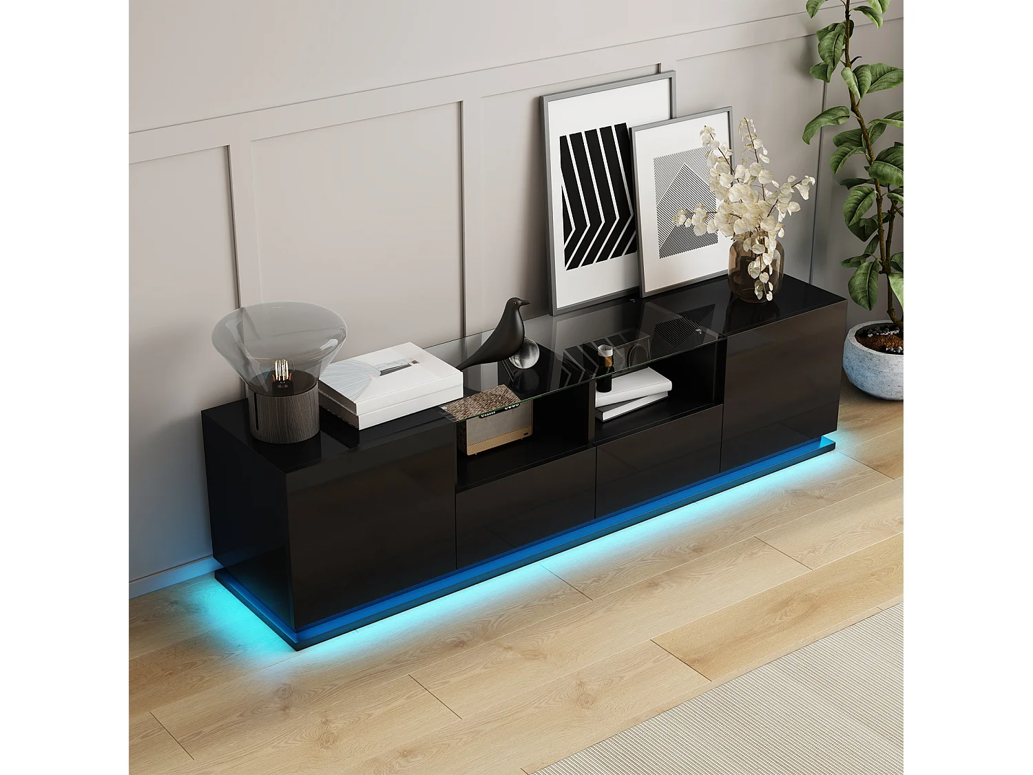 Glanzende tv-kast 165x38x43cm, met glazen planken, 2 lades en twee deuren, LED, zwart