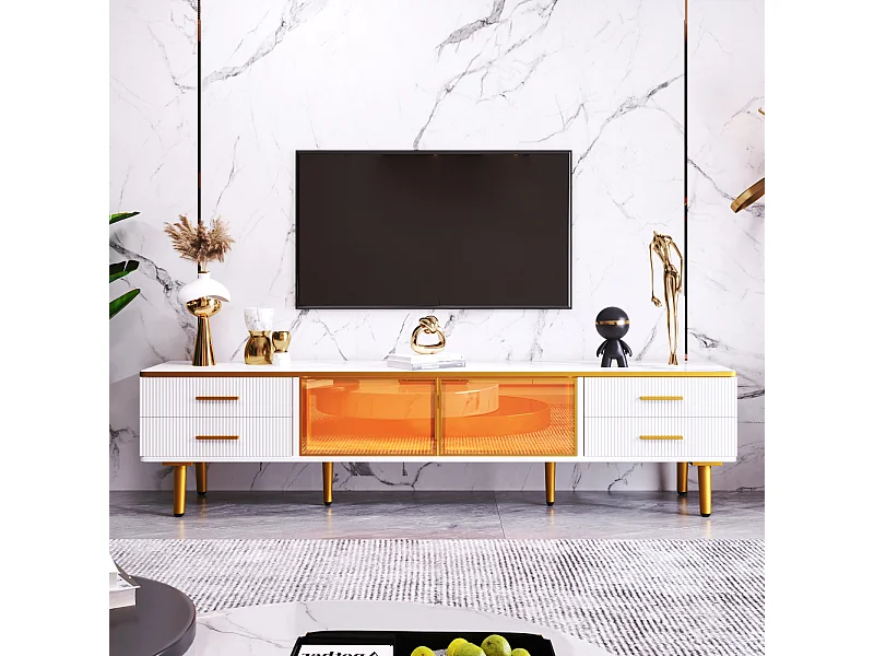 Mueble de TV 170 cm mármol blanco con LED, 4 cajones, 2 puertas de cristal marrón, 4 tiradores dorados, ideal para salón, dormitorio o recibidor