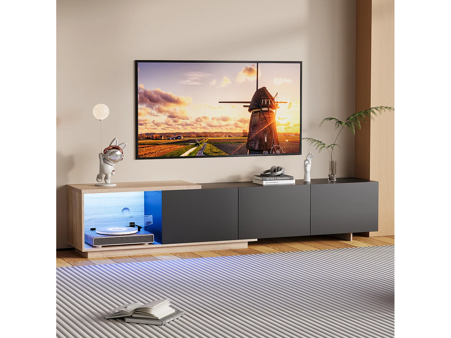 Meuble TV extensible 180 cm noir avec LED à capteur, éclairage tricolore, tiroirs à rebond, panneaux bois brun et noir, design moderne et pratique