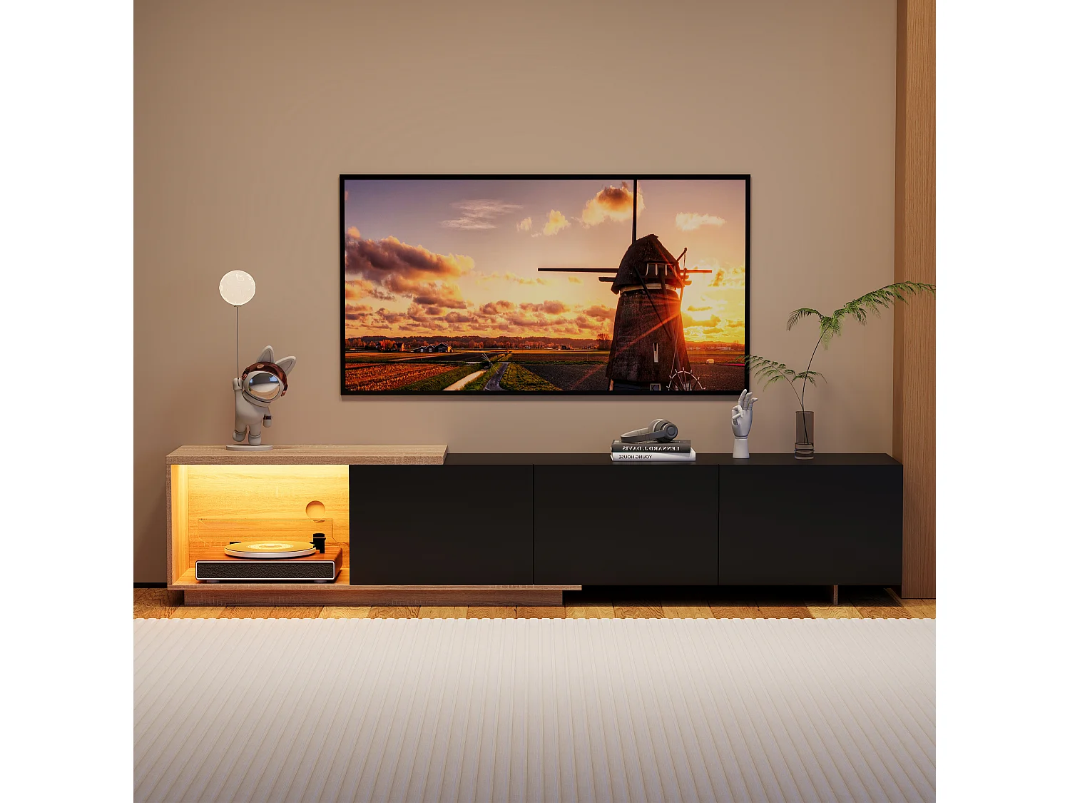 Meuble TV extensible 180 cm noir avec LED à capteur, éclairage tricolore, tiroirs à rebond, panneaux bois brun et noir, design moderne et pratique