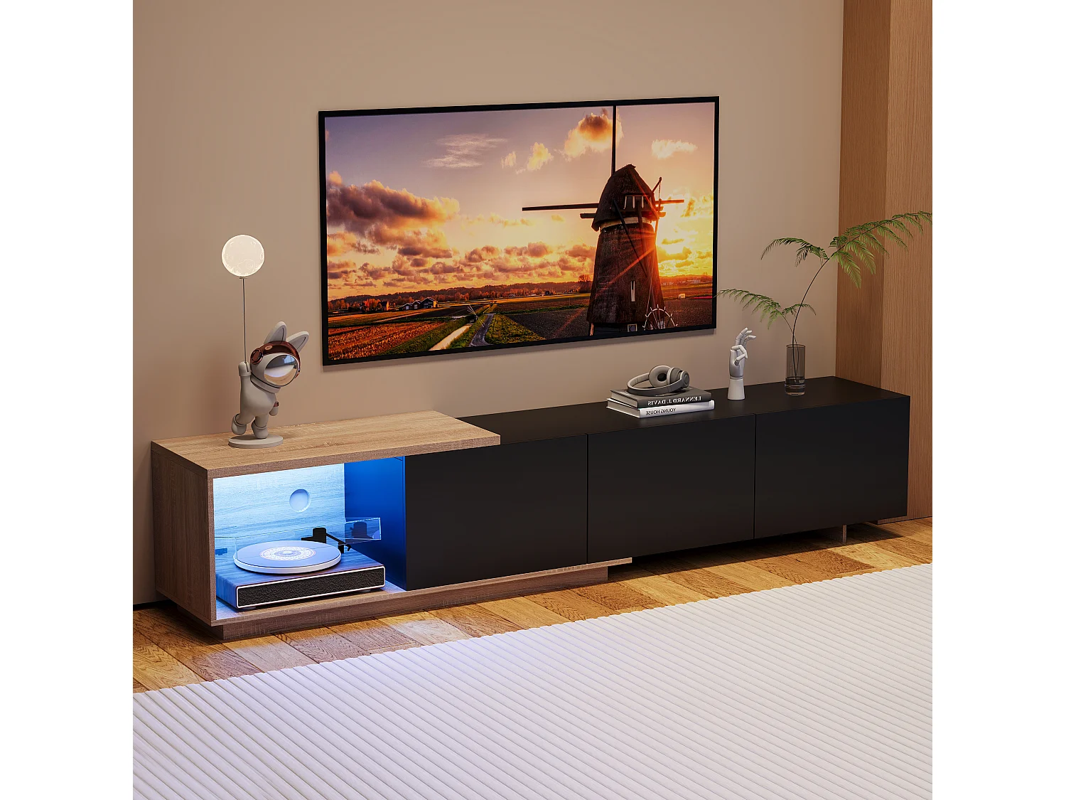 Meuble TV extensible 180 cm noir avec LED à capteur, éclairage tricolore, tiroirs à rebond, panneaux bois brun et noir, design moderne et pratique