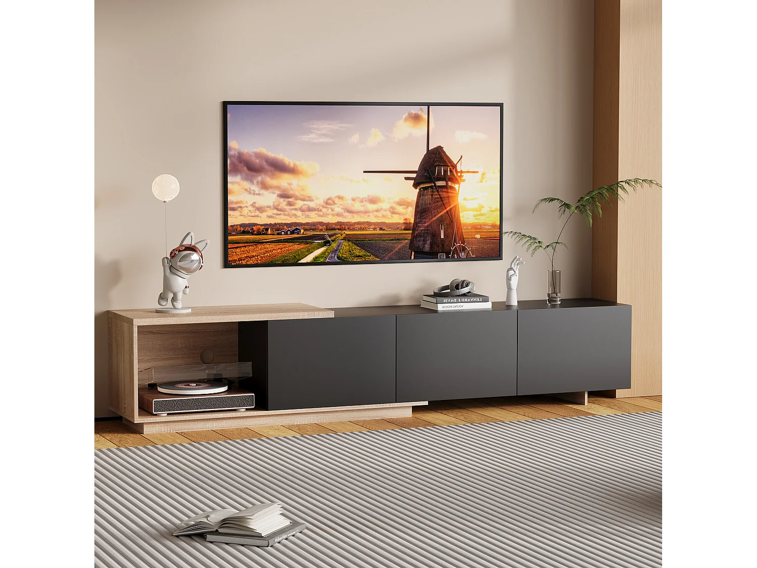 Meuble TV extensible 180 cm noir avec LED à capteur, éclairage tricolore, tiroirs à rebond, panneaux bois brun et noir, design moderne et pratique
