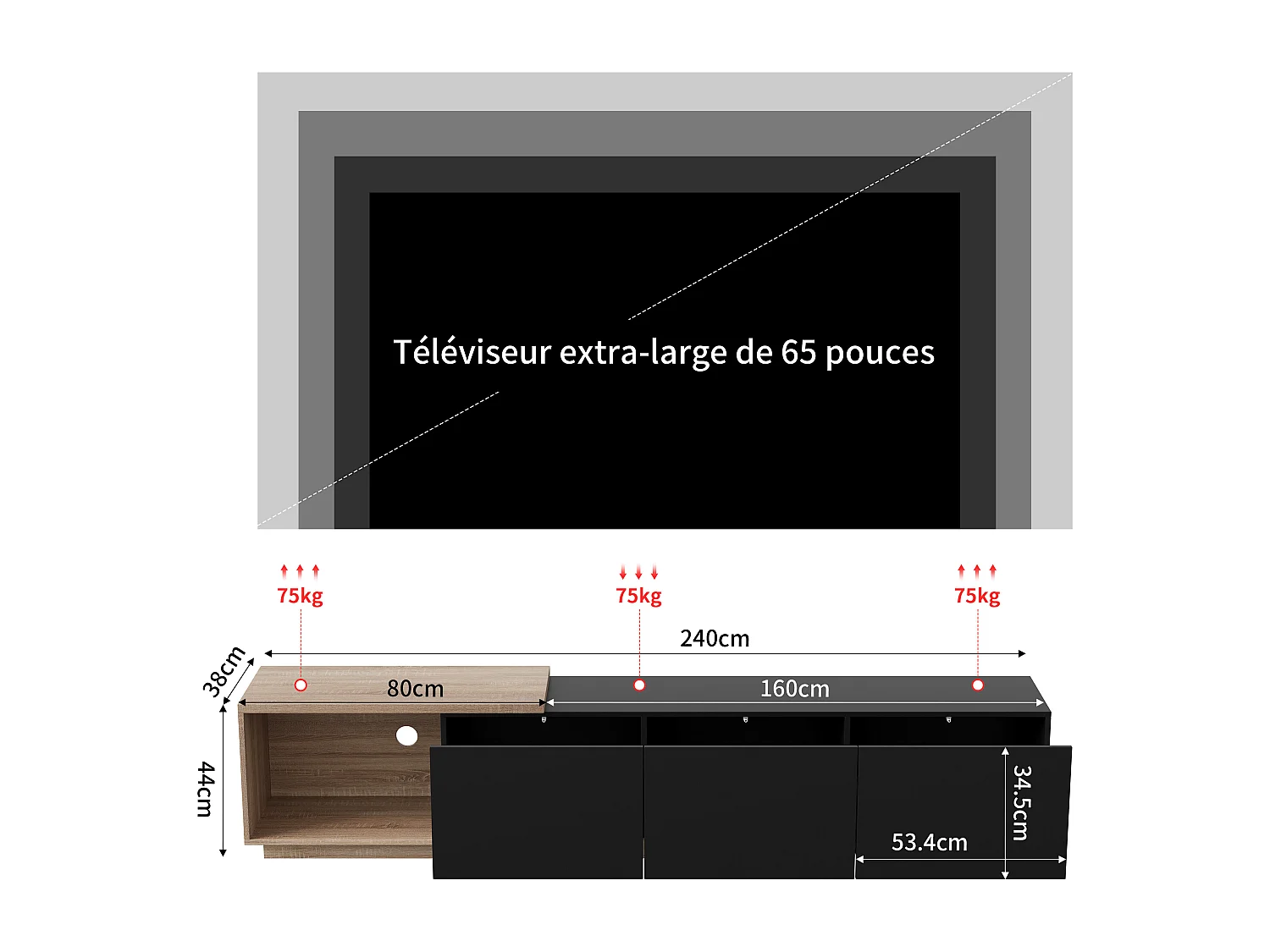 Meuble TV extensible 180 cm noir avec LED à capteur, éclairage tricolore, tiroirs à rebond, panneaux bois brun et noir, design moderne et pratique