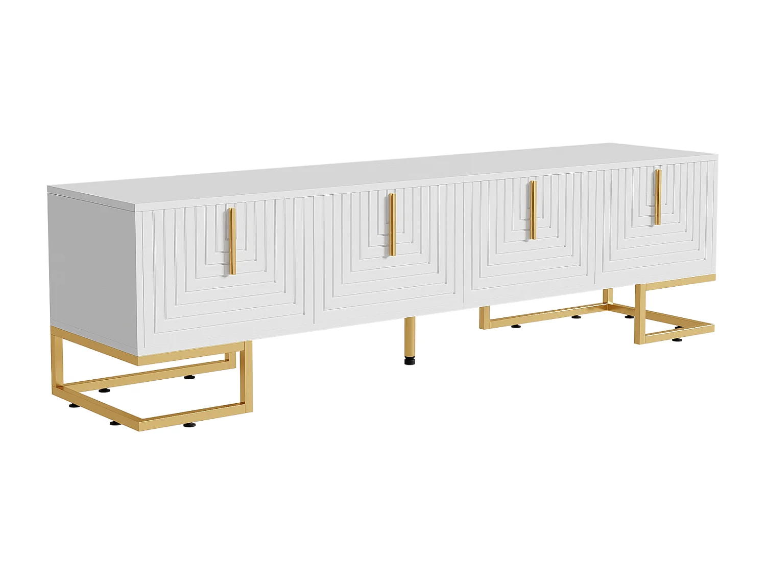 TV-meubel 170x40x45,5cm, met 4 structuurdeuren, gouden handgrepen en gouden poten, in spaanplaat, wit