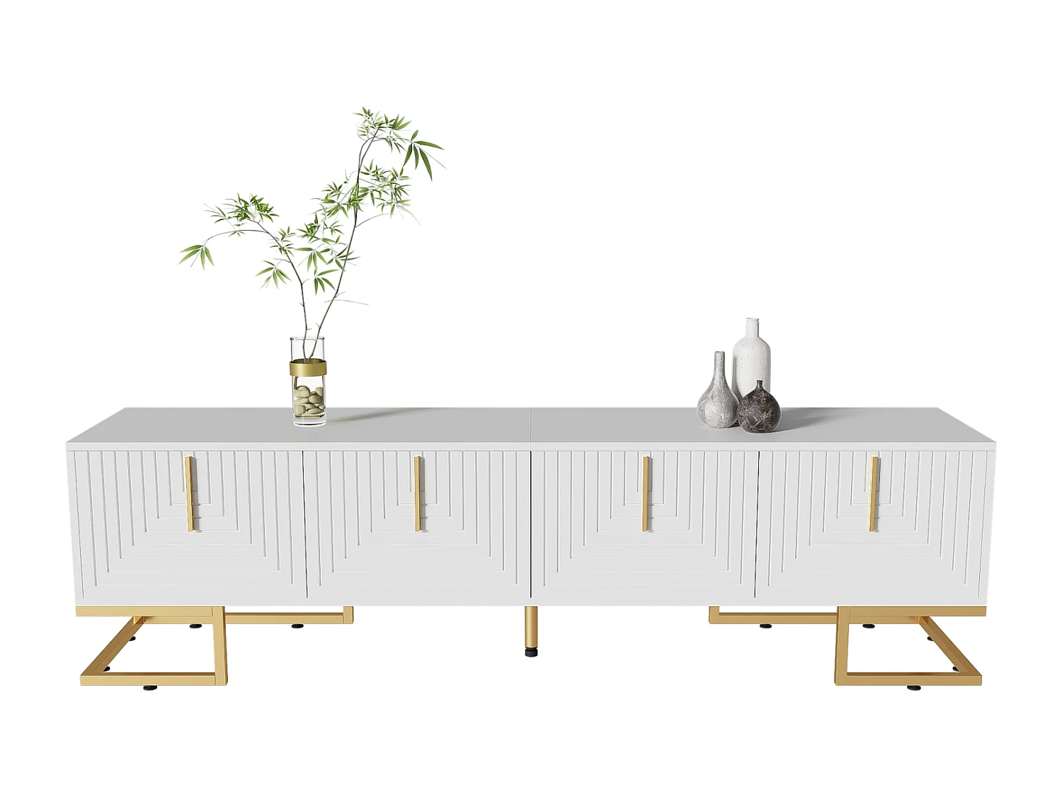 TV-meubel 170x40x45,5cm, met 4 structuurdeuren, gouden handgrepen en gouden poten, in spaanplaat, wit