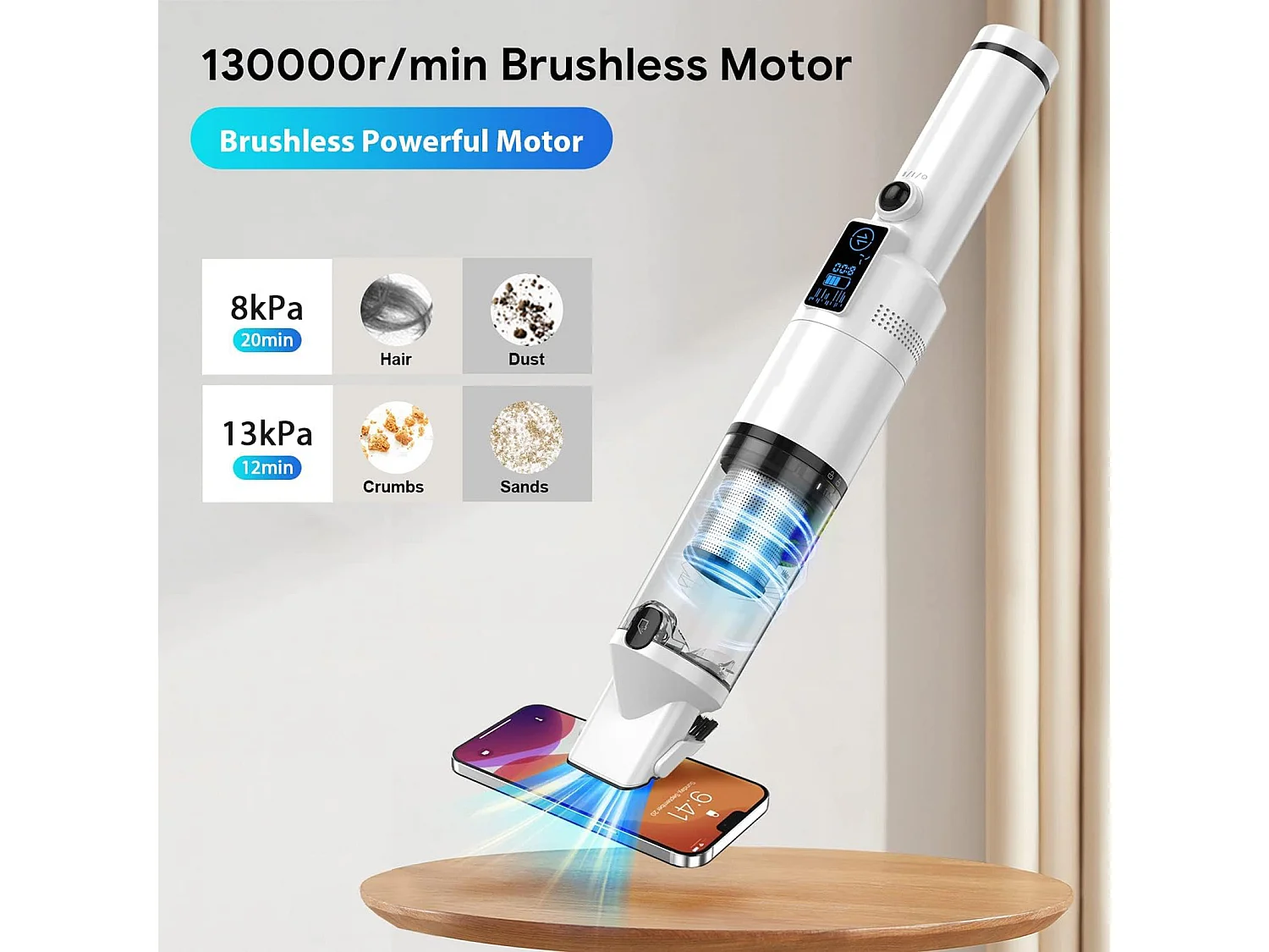 Aspiradora de mano inalámbrica recargable VICSONIC, 2000 mAh, 13000 Pa, portátil, color blanco