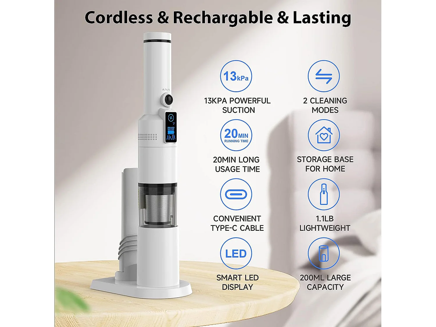 Aspirador de pó portátil sem fio recarregável VICSONIC 2000mAh 13000pa - Branco