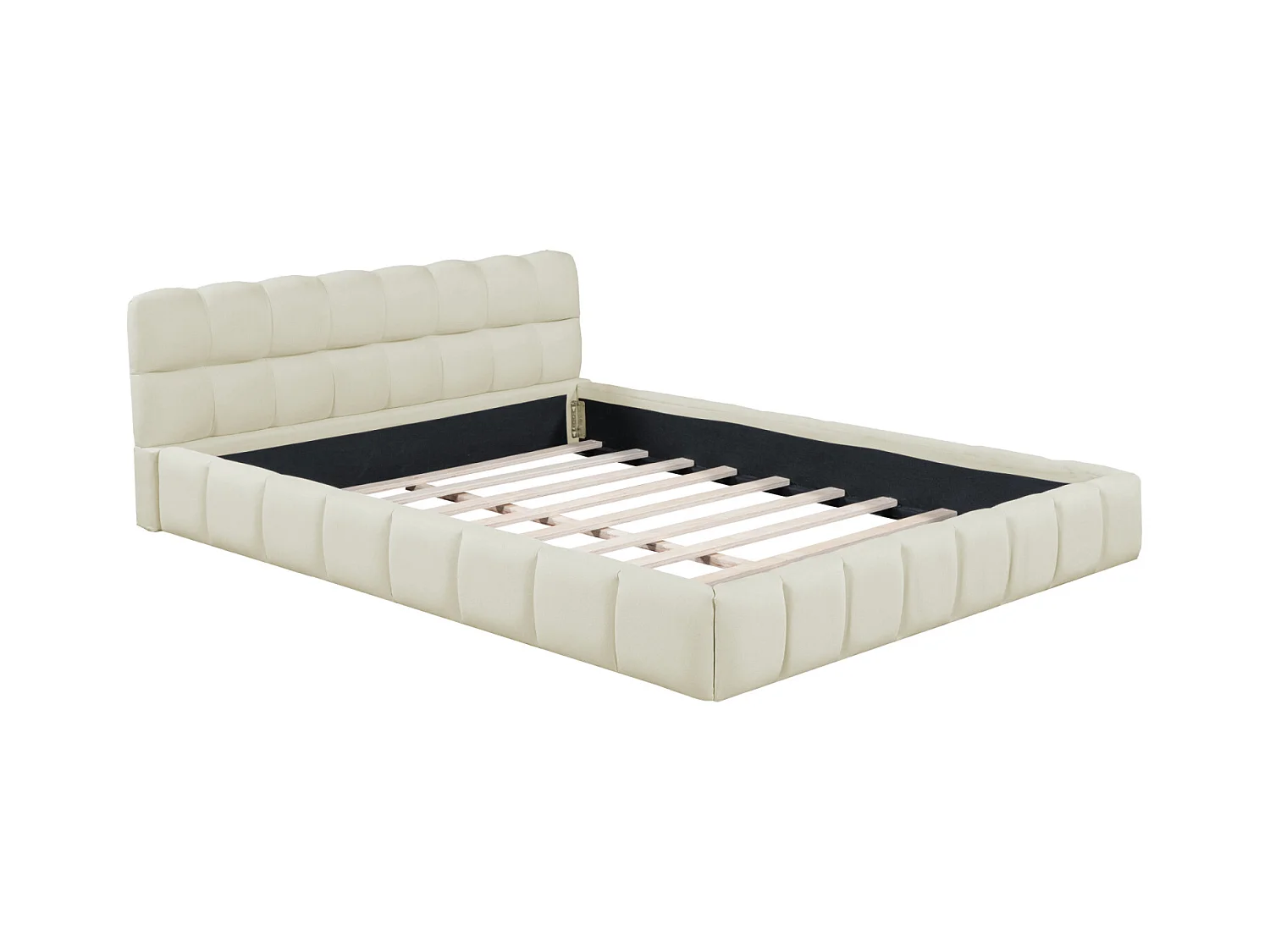 Cama para adulto 140x190cm, cama doble de lino con respaldo suave, cama plana con estructura acolchada, somier de láminas, cabecero, beige
