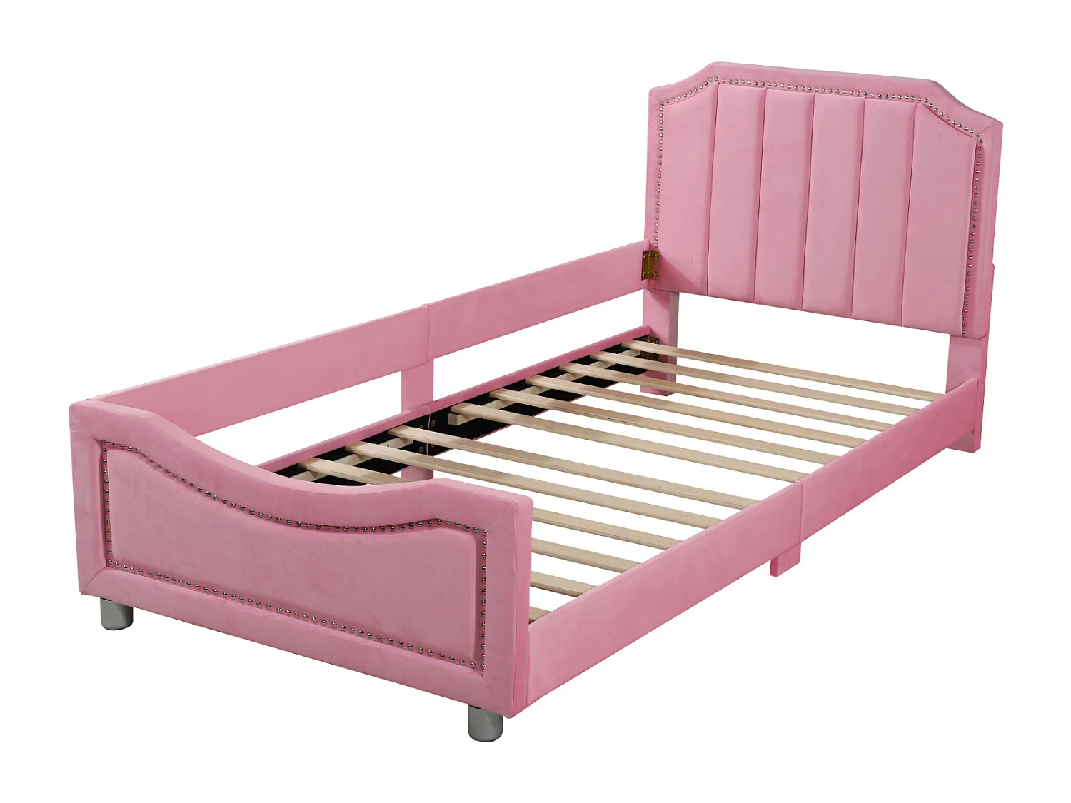 Kinderbed 90x200cm, flanel gestoffeerd bed, vlak bed met 1 zijframe, met lattenbodem en hoofdbord, roze
