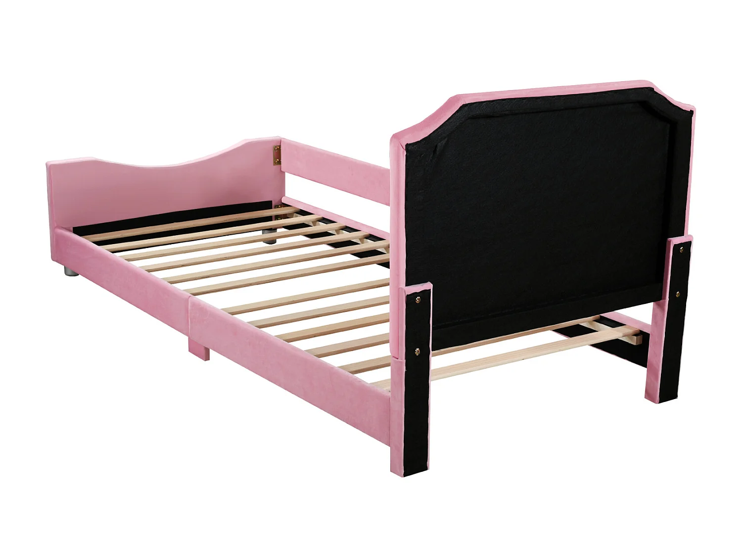 Cama individual infantil 90x200cm, tapizada en franela, cama plana con 1 estructura lateral, con somier y cabecero, color rosa