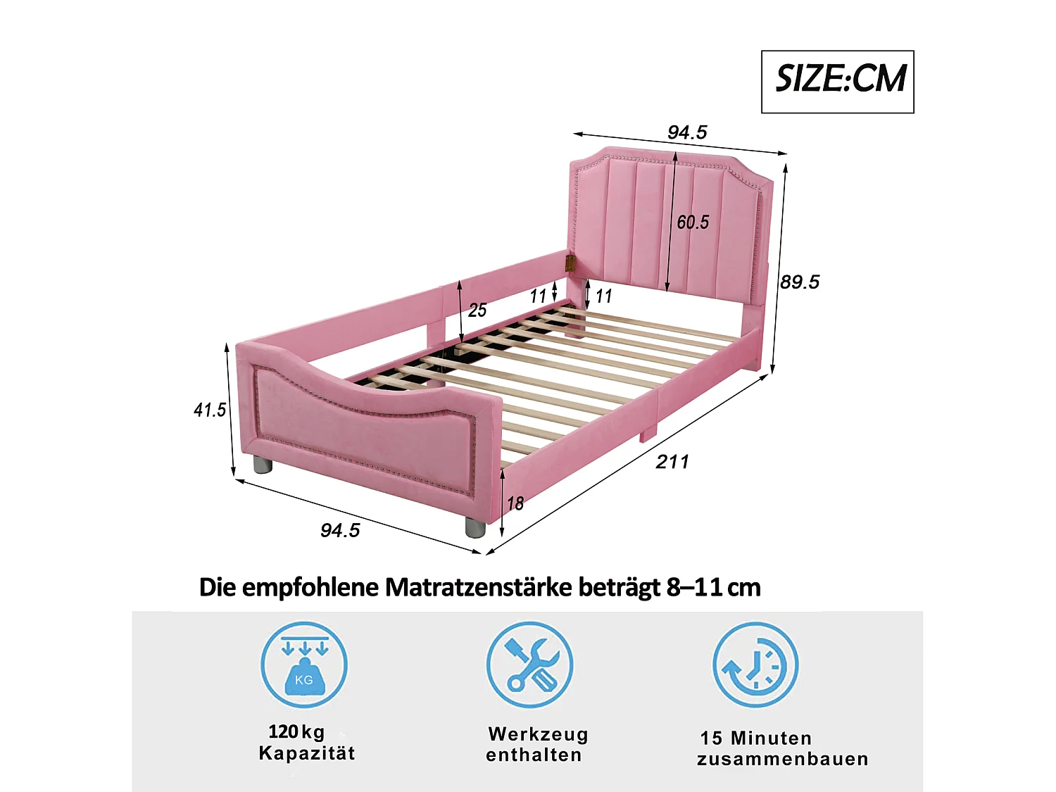 Cama individual infantil 90x200cm, tapizada en franela, cama plana con 1 estructura lateral, con somier y cabecero, color rosa
