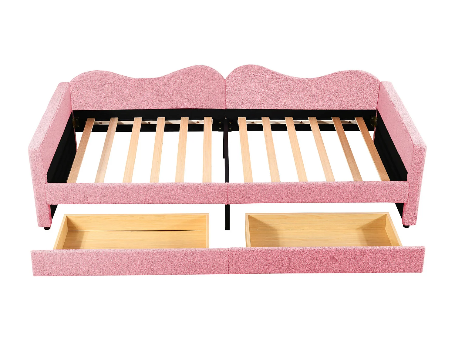 Lit simple 90x200cm, canapé-lit avec 2 tiroirs et sommier à lattes, en tissu ours en peluche, rose