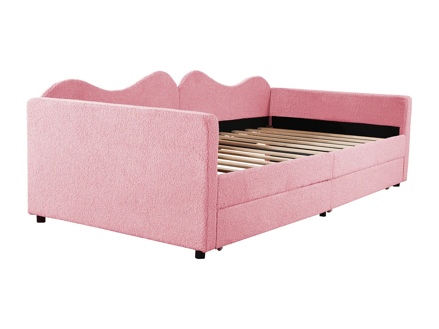 Lit simple 90x200cm, canapé-lit avec 2 tiroirs et sommier à lattes, en tissu ours en peluche, rose