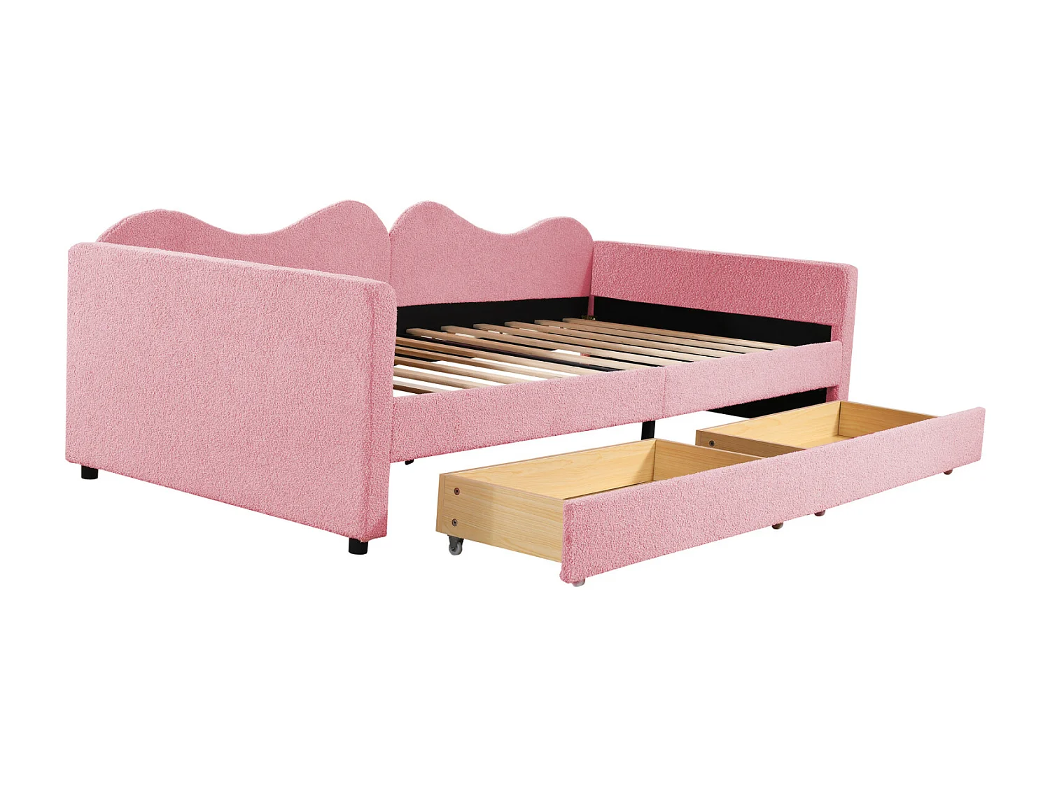 Lit simple 90x200cm, canapé-lit avec 2 tiroirs et sommier à lattes, en tissu ours en peluche, rose