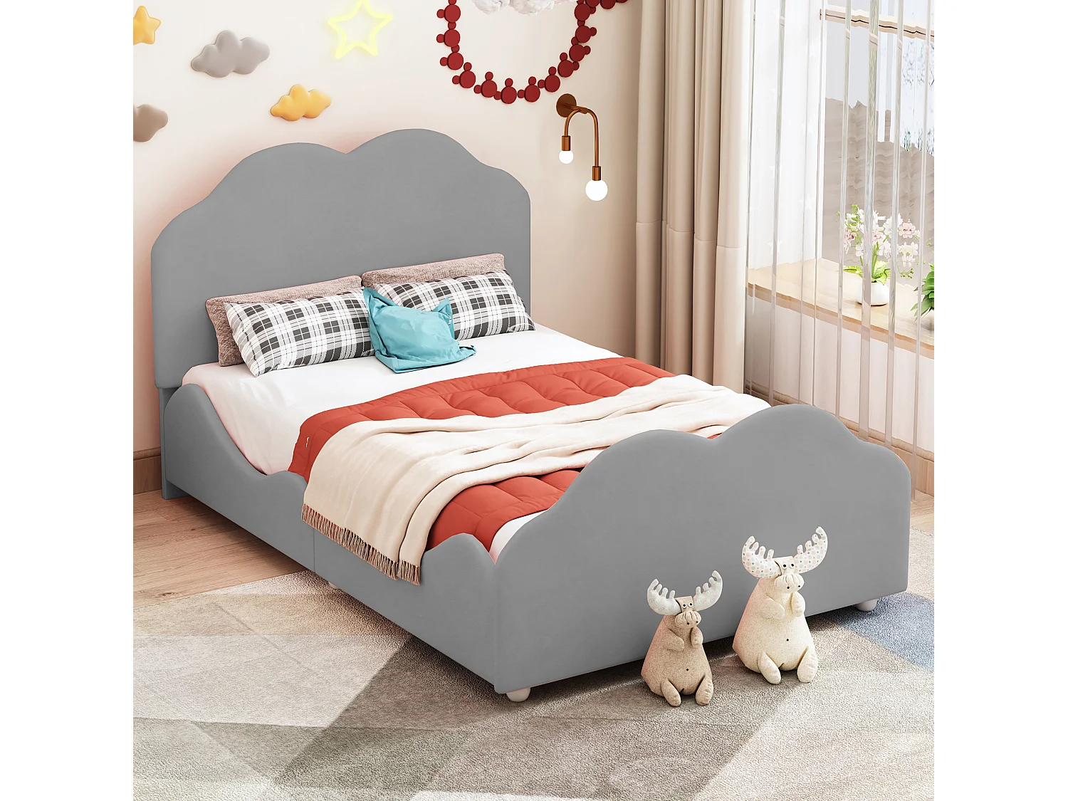 Cama individual de 90x200cm, cama infantil con somier de láminas y cabecero y piecero en forma de nube, cama de terciopelo gris