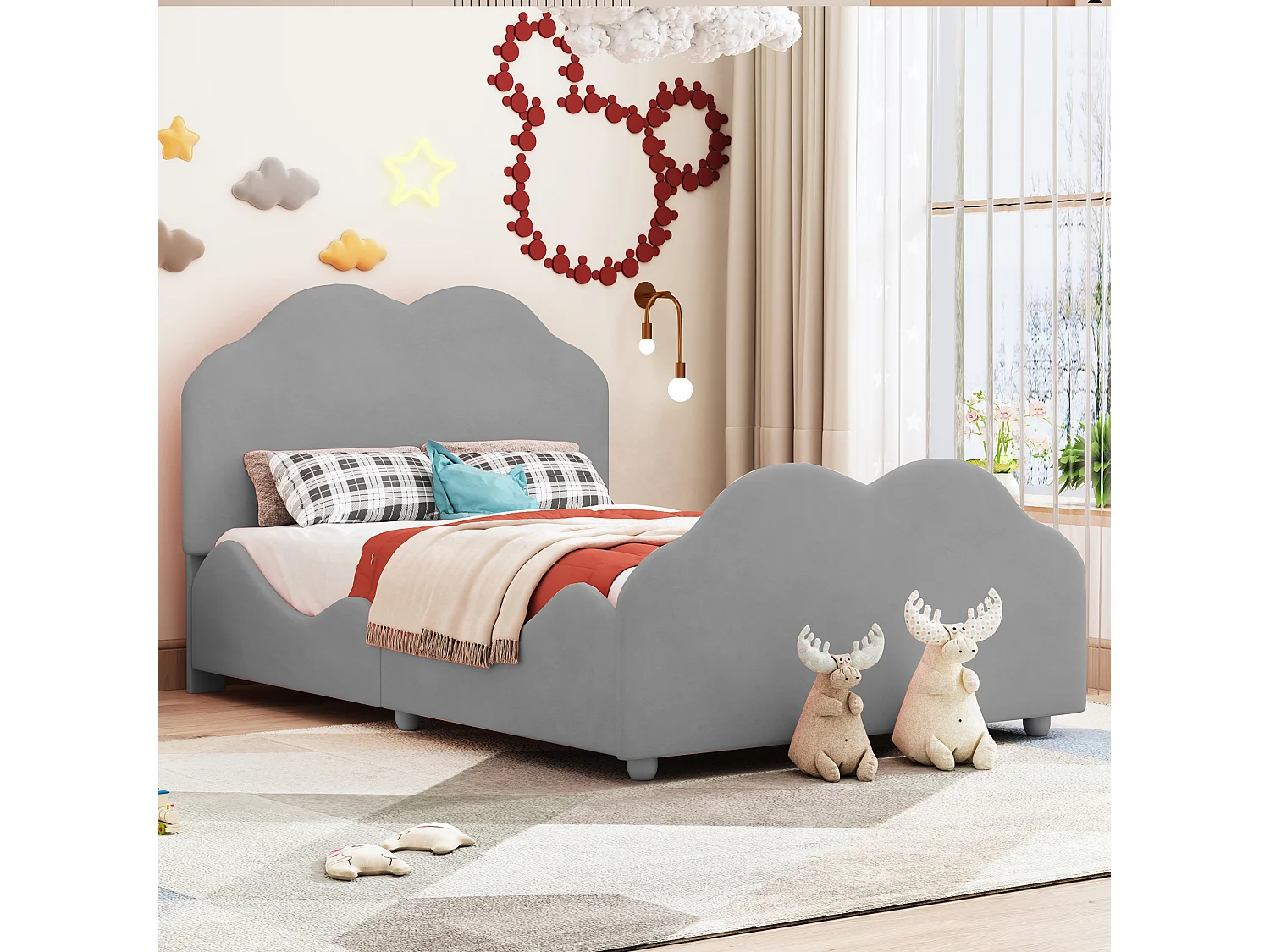 Cama individual de 90x200cm, cama infantil con somier de láminas y cabecero y piecero en forma de nube, cama de terciopelo gris