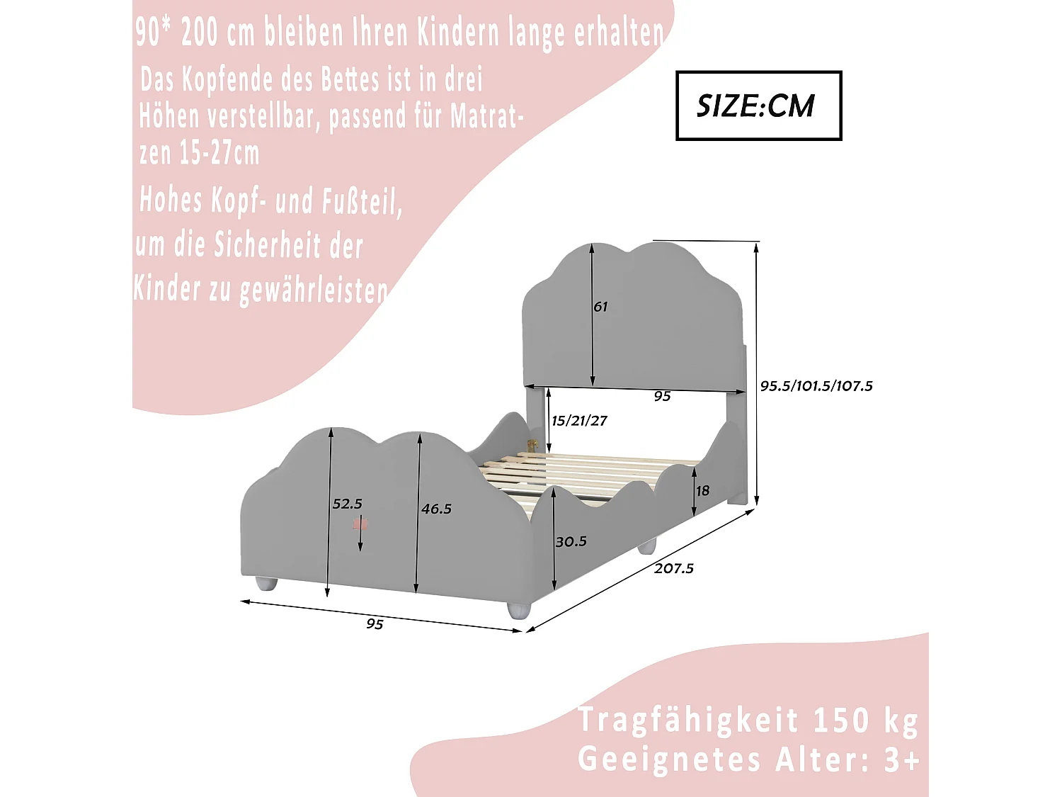 Cama individual de 90x200cm, cama infantil con somier de láminas y cabecero y piecero en forma de nube, cama de terciopelo gris