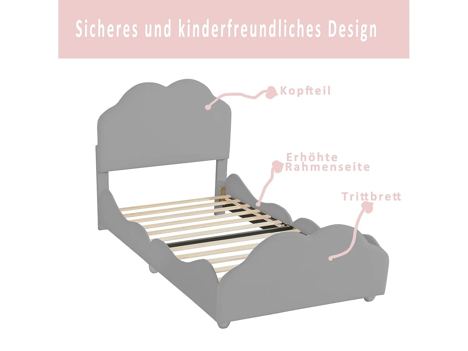 Cama individual de 90x200cm, cama infantil con somier de láminas y cabecero y piecero en forma de nube, cama de terciopelo gris