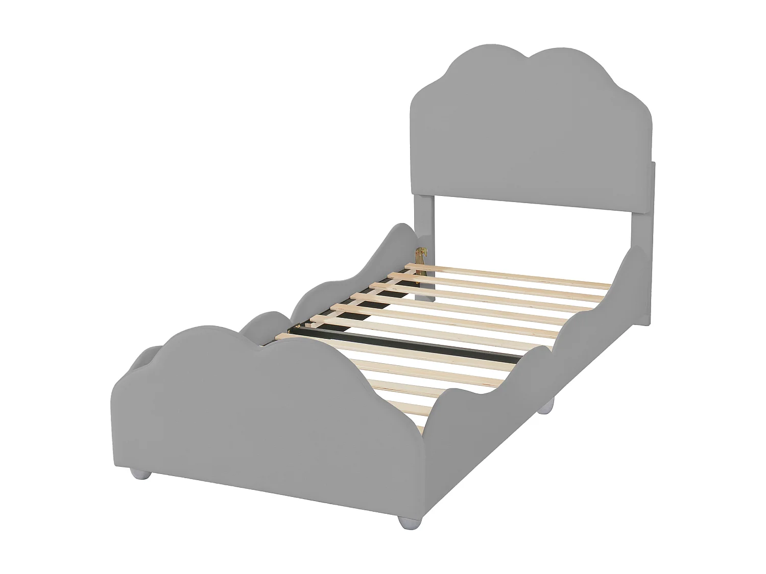 Cama individual de 90x200cm, cama infantil con somier de láminas y cabecero y piecero en forma de nube, cama de terciopelo gris