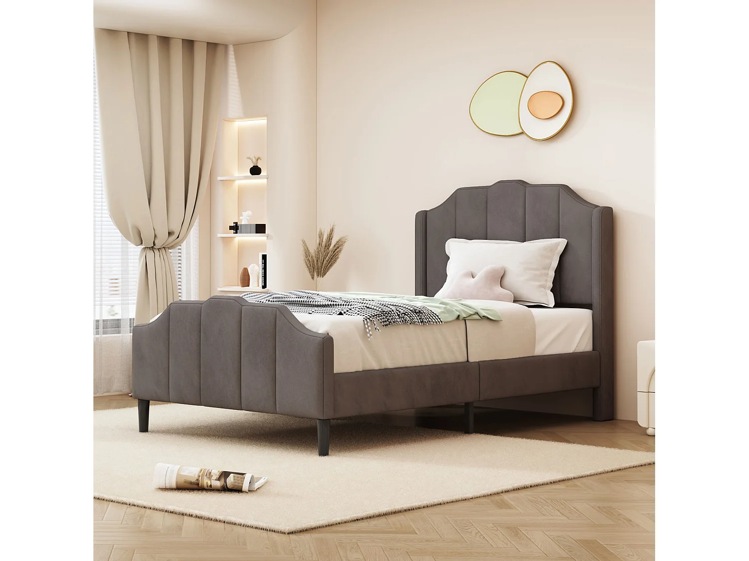 Lit simple capitonné 90 x 200 cm - lit velours 2 places, Cadre de lit en bois MDF, Sommier à lattes inclus - Gris