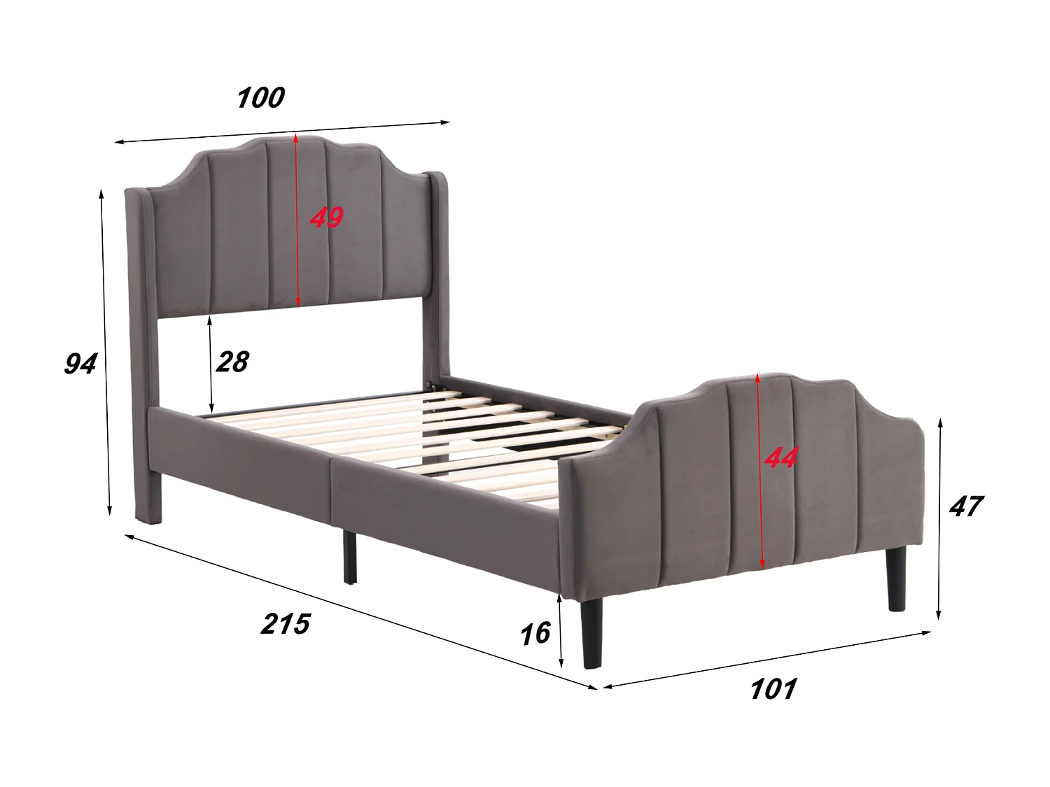 Lit simple capitonné 90 x 200 cm - lit velours 2 places, Cadre de lit en bois MDF, Sommier à lattes inclus - Gris