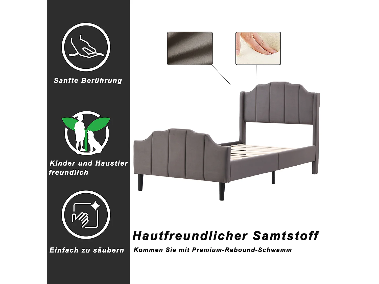 Lit simple capitonné 90 x 200 cm - lit velours 2 places, Cadre de lit en bois MDF, Sommier à lattes inclus - Gris