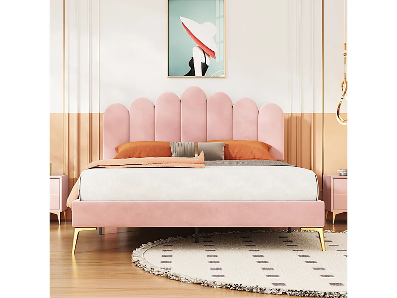 Lit double capitonné 140x200cm - cadre de lit avec sommier à lattes, et tête de lit style barre verticale pour adultes et adolescents, velours - rose