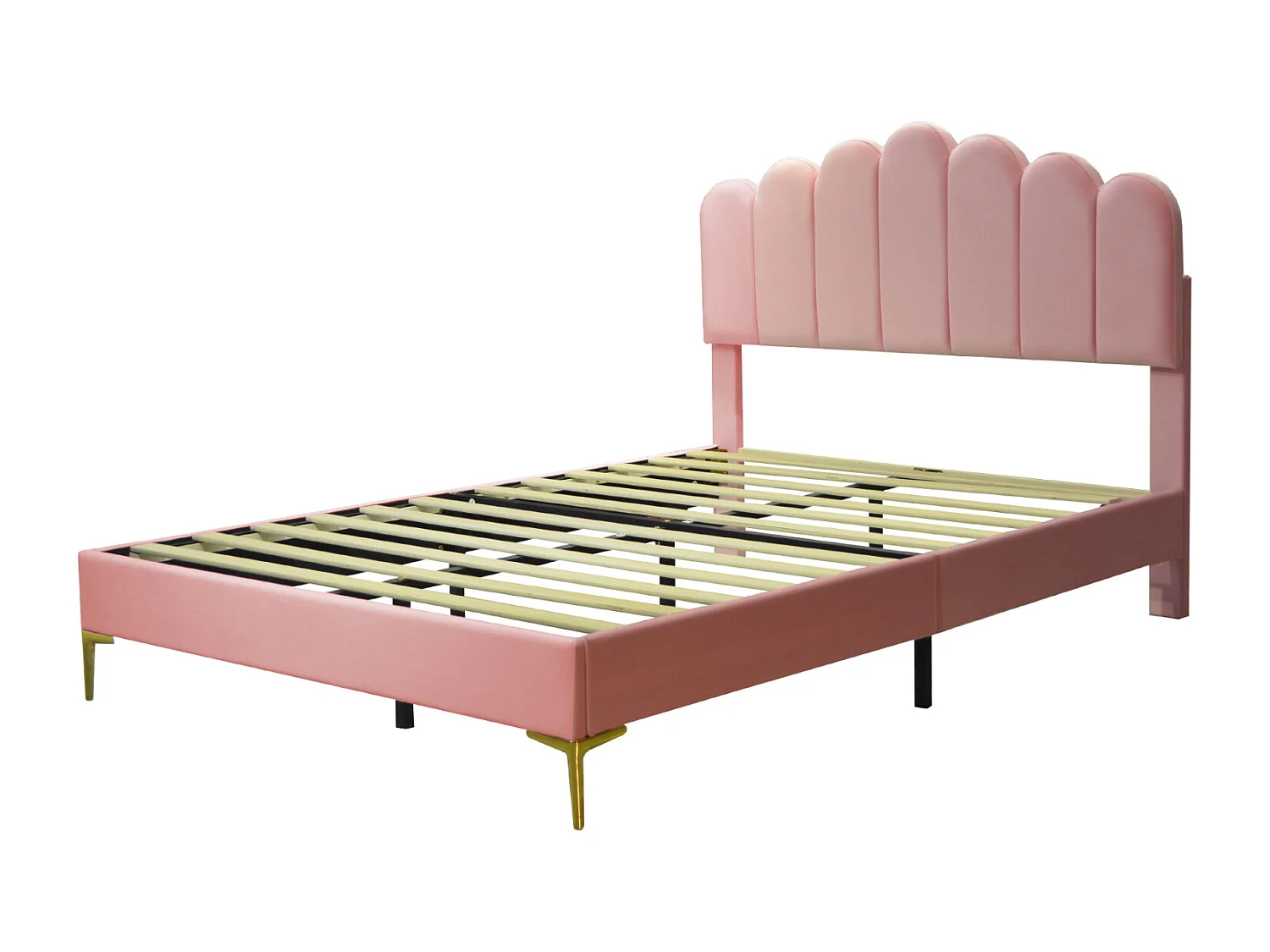 Lit double capitonné 140x200cm - cadre de lit avec sommier à lattes, et tête de lit style barre verticale pour adultes et adolescents, velours - rose