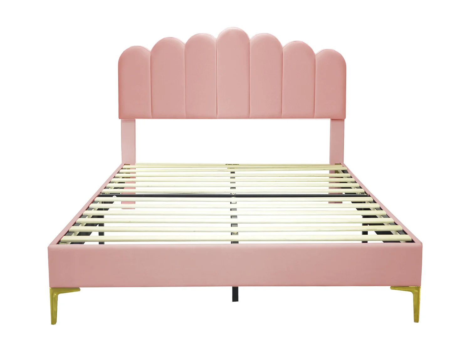 Lit double capitonné 140x200cm - cadre de lit avec sommier à lattes, et tête de lit style barre verticale pour adultes et adolescents, velours - rose